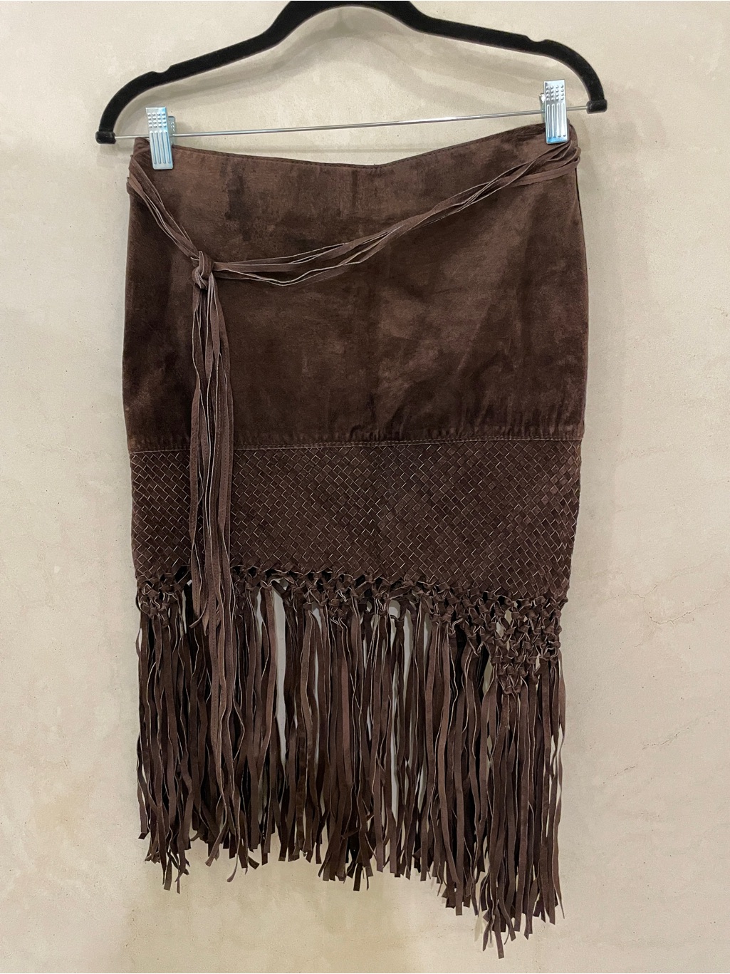 Bebe Y2k Boho Suede Fringed Skirt, Genuine Leather, Brown/Chocolate, Size 4 — image 2 of 6
